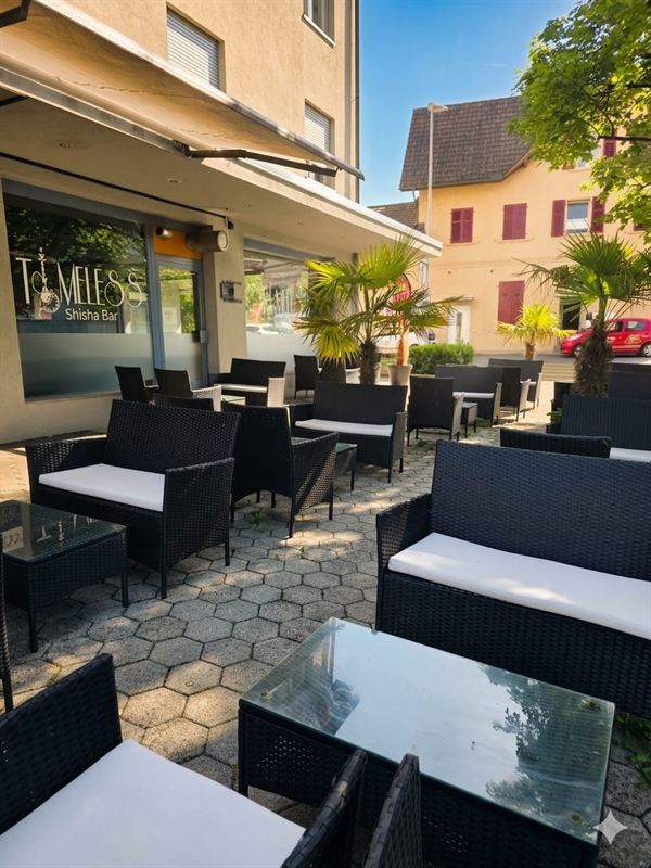 Sonnige Terrasse mit Lounge-Möbeln und Palmen vor der Timeless Shisha Bar